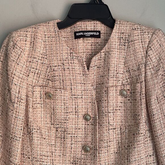 NEW Karl Lagerfeld Paris Tweed Gold Button Blazer Women's Size 4 Pink Career - Picture 4 of 15